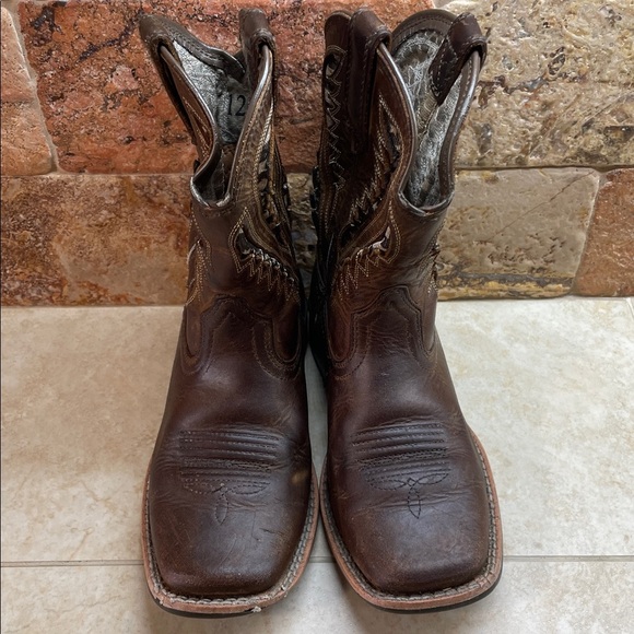 Ariat Kids Cowboy Boots Size 12 Brown Leather Western Aztec Stitch Square Toe - Picture 3 of 15